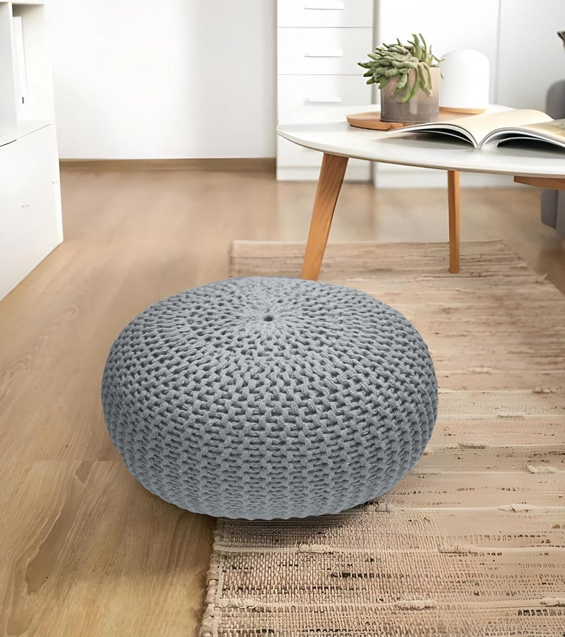 Bedding Craft Round Pouf Foot Stool Ottoman - Hand Knitted Bean Bag - Gray - Image 3